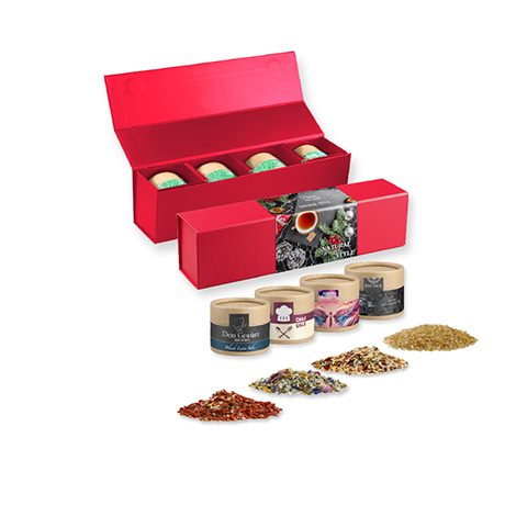 verschiedene Gewürzmischungen (Kategorie 3), ca. 100-300g, Geschenk-Set Premium rot mit Magnetverschluss und 4 Kraftpapierdosen Mini, myfitmix