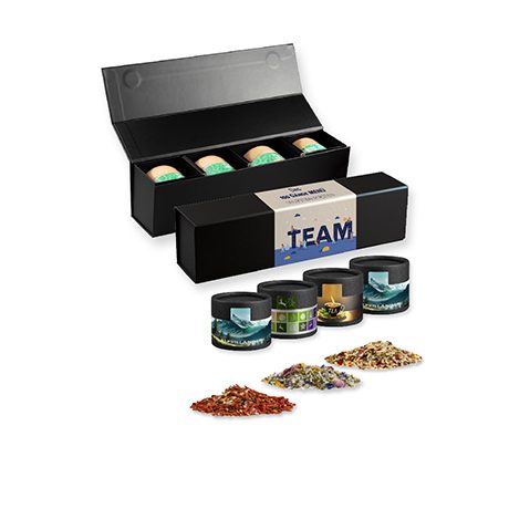 verschiedene Gewürzmischungen (Kategorie 2), ca. 40-160g, Geschenk-Set Premium schwarz mit Magnetverschluss und 4 Kraftpapierdosen Mini, myfitmix