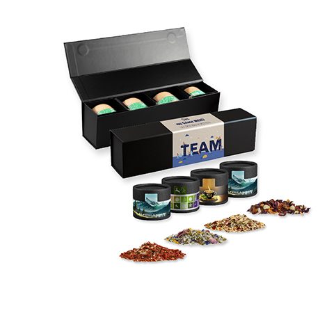 verschiedene Gewürzmischungen (Kategorie 3), ca. 100-300g, Geschenk-Set Premium schwarz mit Magnetverschluss und 4 Kraftpapierdosen Mini, myfitmix