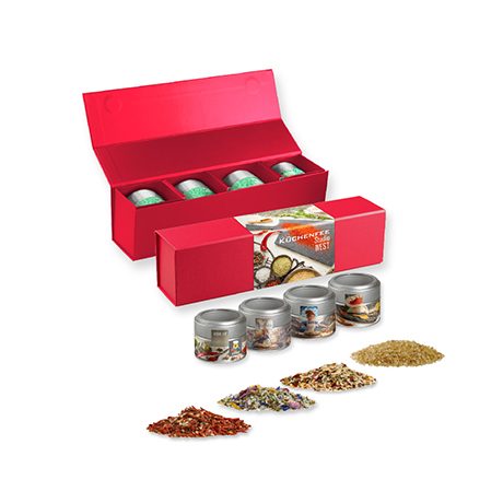verschiedene Gewürzmischungen (Kategorie 1), ca. 160-440g, Geschenk-Set Premium rot mit Magnetverschluss und 4 Metalldosen Mini mit Sichtfenster, myfitmix
