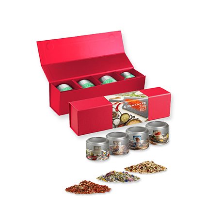 verschiedene Gewürzmischungen (Kategorie 3), ca. 140-440g, Geschenk-Set Premium rot mit Magnetverschluss und 4 Metalldosen Mini mit Sichtfenster, myfitmix