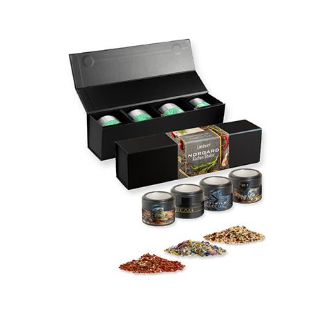 verschiedene Gewürzmischungen (Kategorie 2), ca. 64-260g, Geschenk-Set Premium schwarz mit Magnetverschluss und 4 Metalldosen Mini mit Sichtfenster, myfitmix