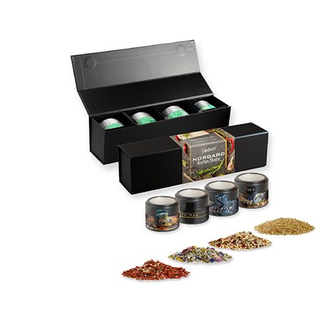 verschiedene Gewürzmischungen (Kategorie 3), ca. 140-440g, Geschenk-Set Premium schwarz mit Magnetverschluss und 4 Metalldosen Mini mit Sichtfenster, myfitmix