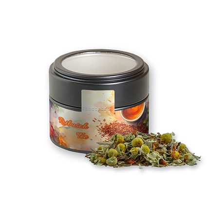 Rotbuschtee Entspannungszeit, ca. 25g, Metalldose Mini mit Sichtfenster schwarz, myfitmix