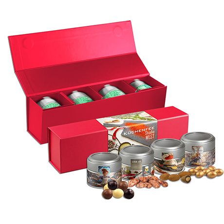 Knusper Weihnachts-Geschenkset Premium, ca. 225g, Geschenk-Set Premium rot mit Magnetverschluss und 4 Metalldosen Mini mit Sichtfenster, myfitmix