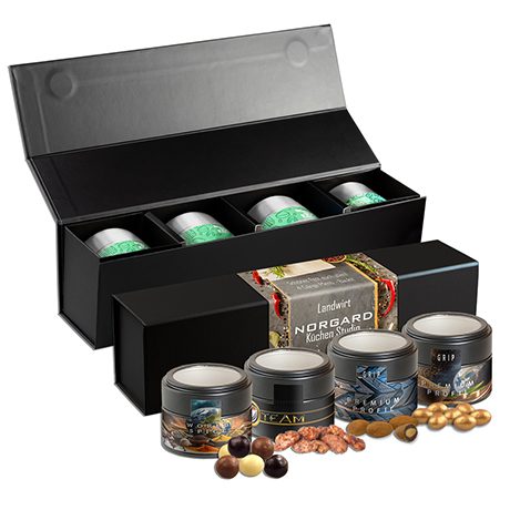 Knusper Weihnachts-Geschenkset Premium, ca. 225g, Geschenk-Set Premium schwarz mit Magnetverschluss und 4 Metalldosen Mini mit Sichtfenster, myfitmix