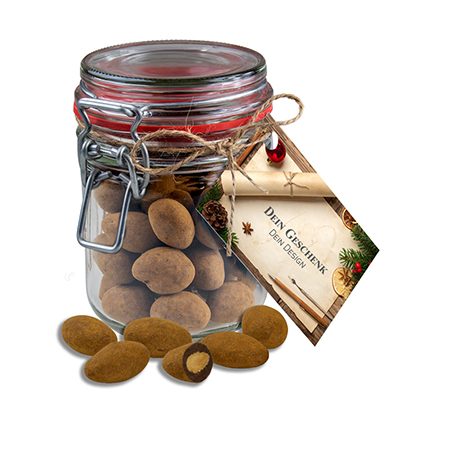 Schokomandeln mit Zimt, ca. 200g, Bonbonglas Maxi mit Werbekarte, myfitmix