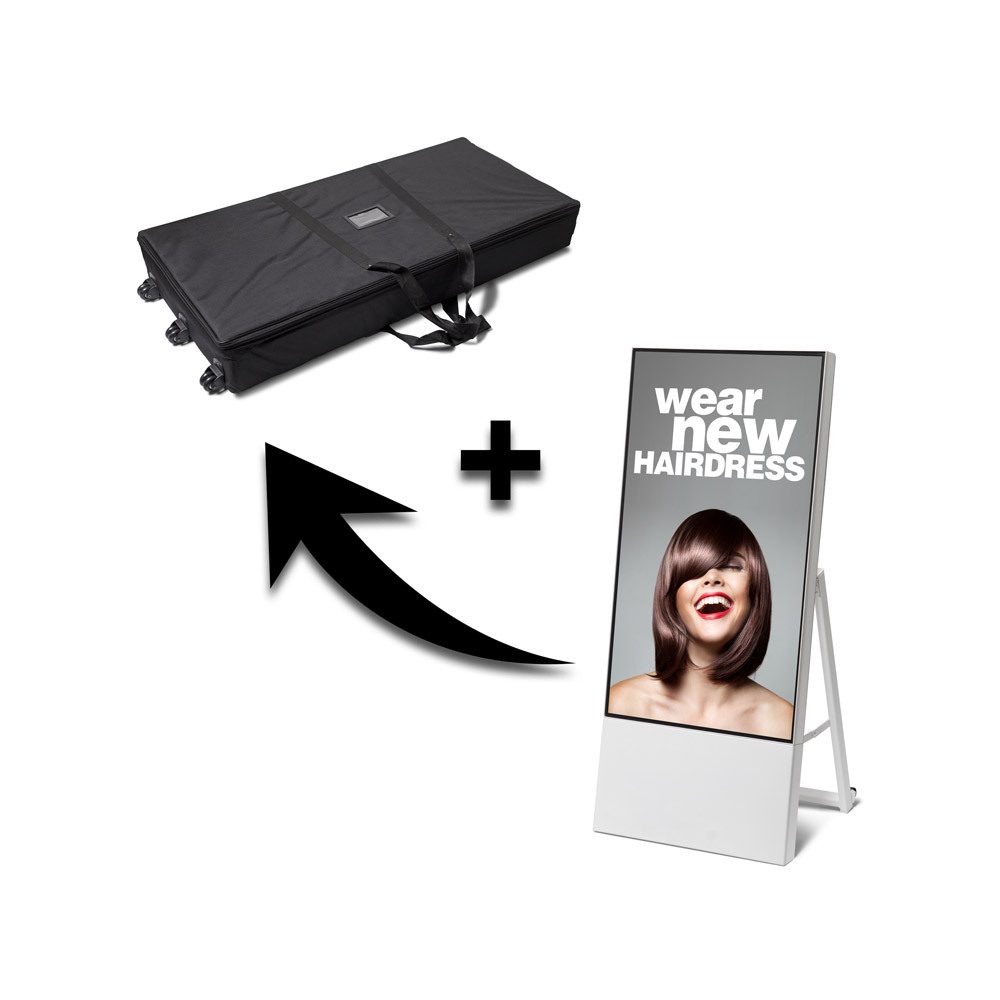 Digitaler Kundenstopper Smart Line 43" mit Samsung-Bildschirm Weiß & Trolleykoffer, Showdown Displays