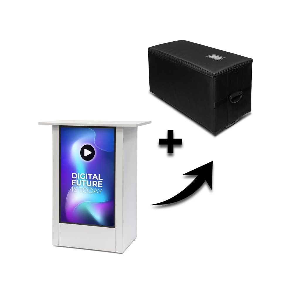 Digital Counter Futuro Vertikal Weiß mit 32" Samsung-Bildschirm Trolleykoffer, Showdown Displays
