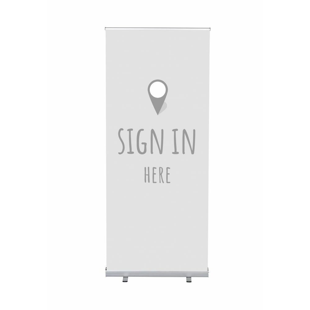 Roll-Banner Budget 85 Komplettset Motiv „Hier Anmelden“ Grau Englisch, Showdown Displays