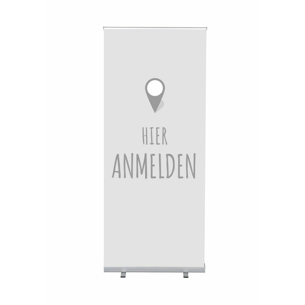 Roll-Banner Budget 85 Komplettset Motiv „Hier Anmelden“ Grau Deutsch, Showdown Displays