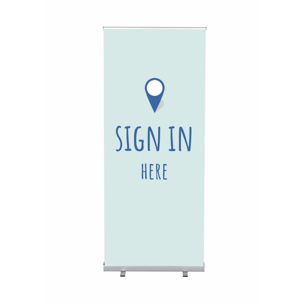 Roll-Banner Budget 85 Komplettset Motiv „Hier Anmelden“ Blau Englisch, Showdown Displays
