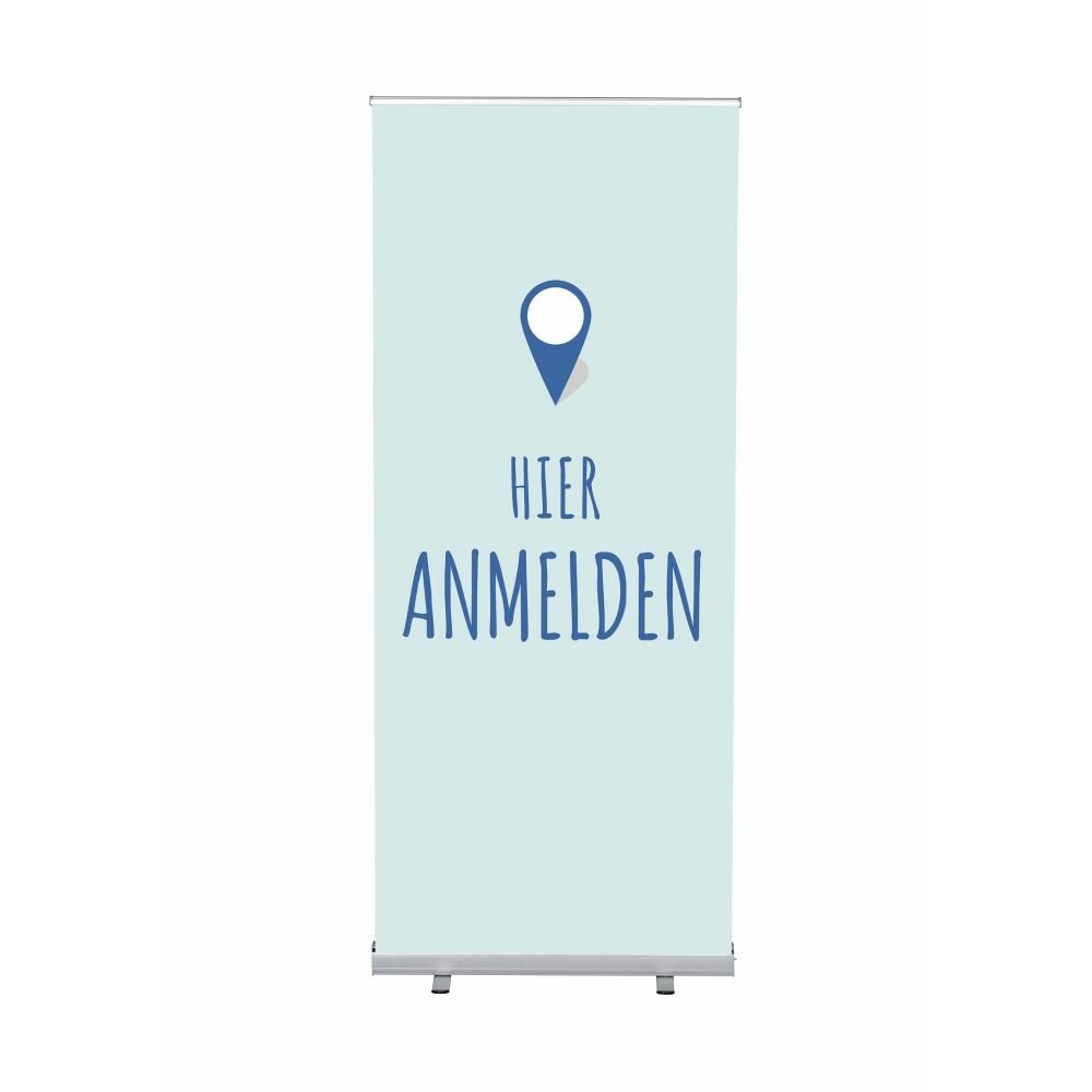 Roll-Banner Budget 85 Komplettset Motiv „Hier Anmelden“ Blau Deutsch, Showdown Displays