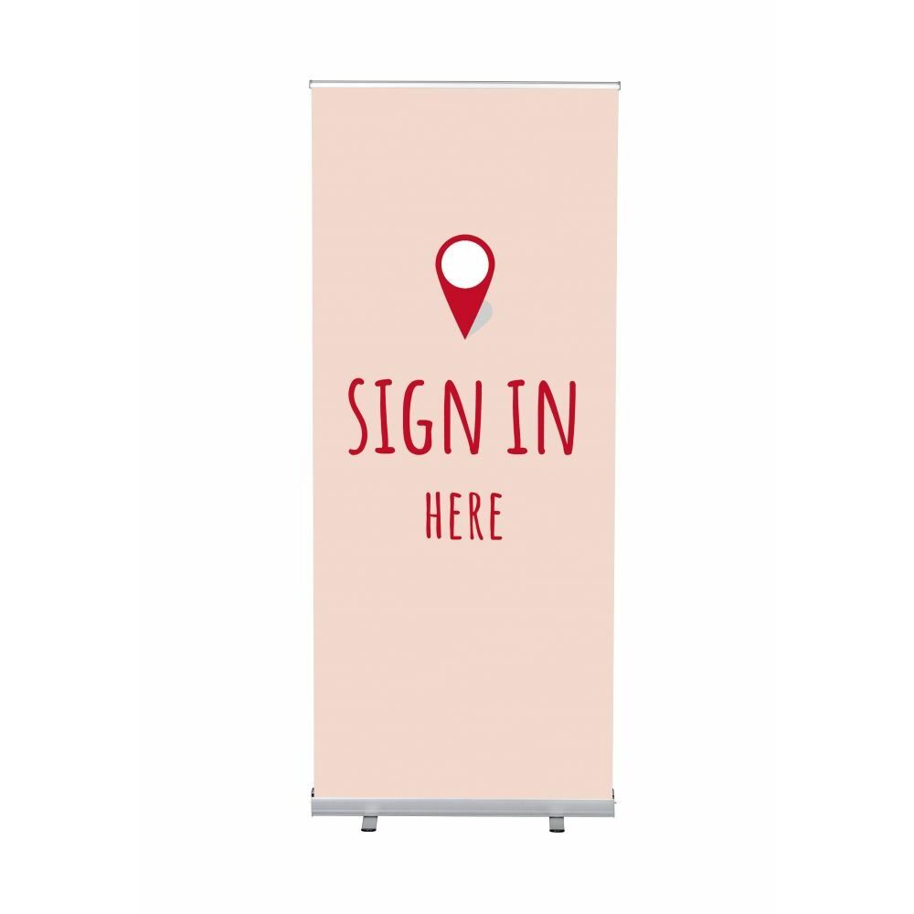 Roll-Banner Budget 85 Komplettset Motiv „Hier Anmelden“ Rot Englisch, Showdown Displays