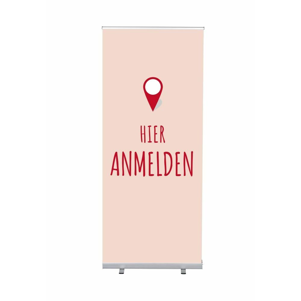 Roll-Banner Budget 85 Komplettset Motiv „Hier Anmelden“ Rot Deutsch, Showdown Displays