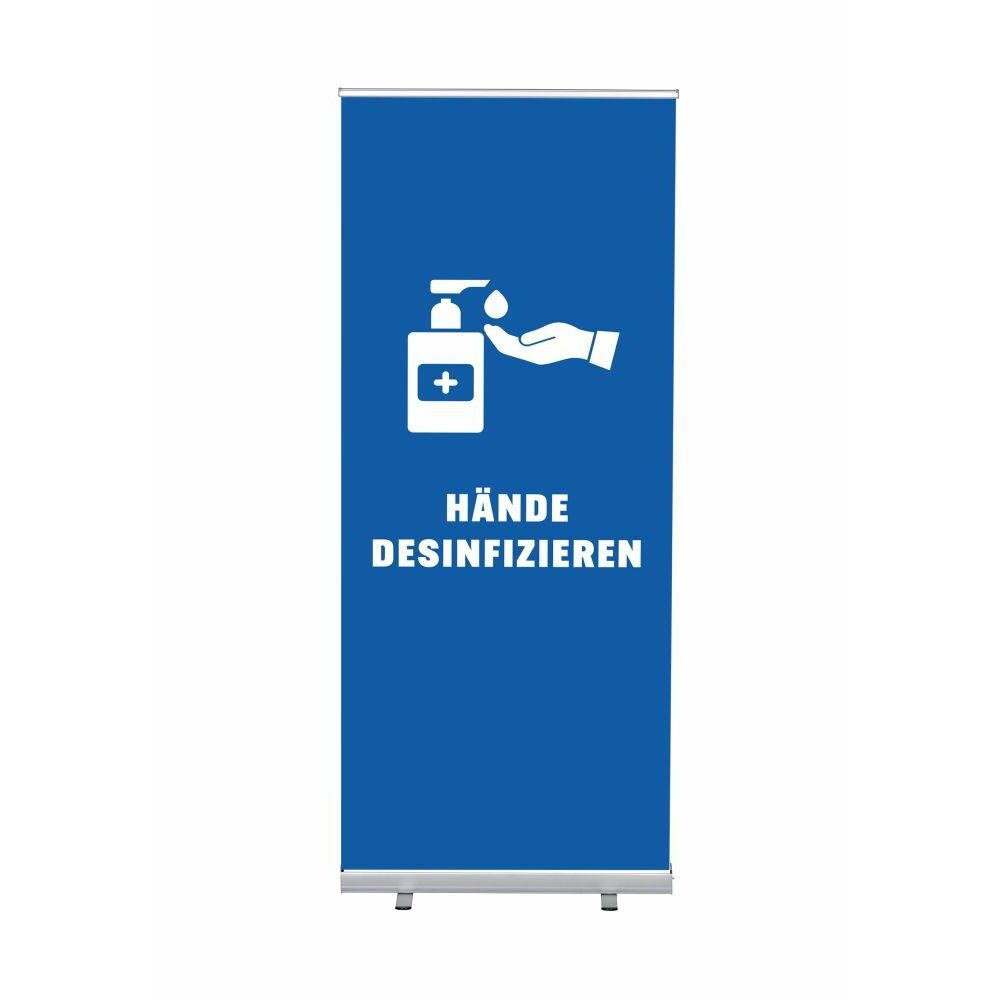 Roll-Banner Budget 85 Komplettset Motiv „Hände desinfizieren“ Blau Deutsch, Showdown Displays