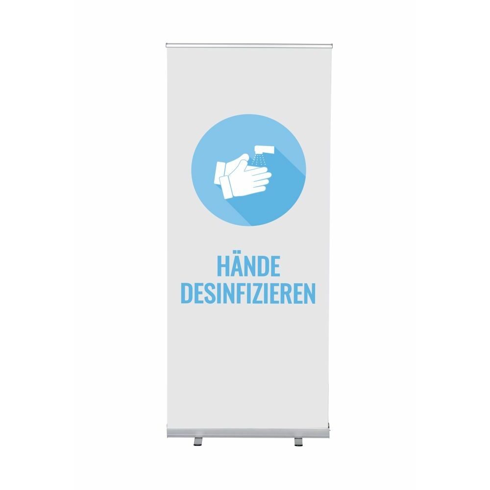Roll-Banner Budget 85 Komplettset Motiv „Hände desinfizieren“ Weiß Deutsch, Showdown Displays