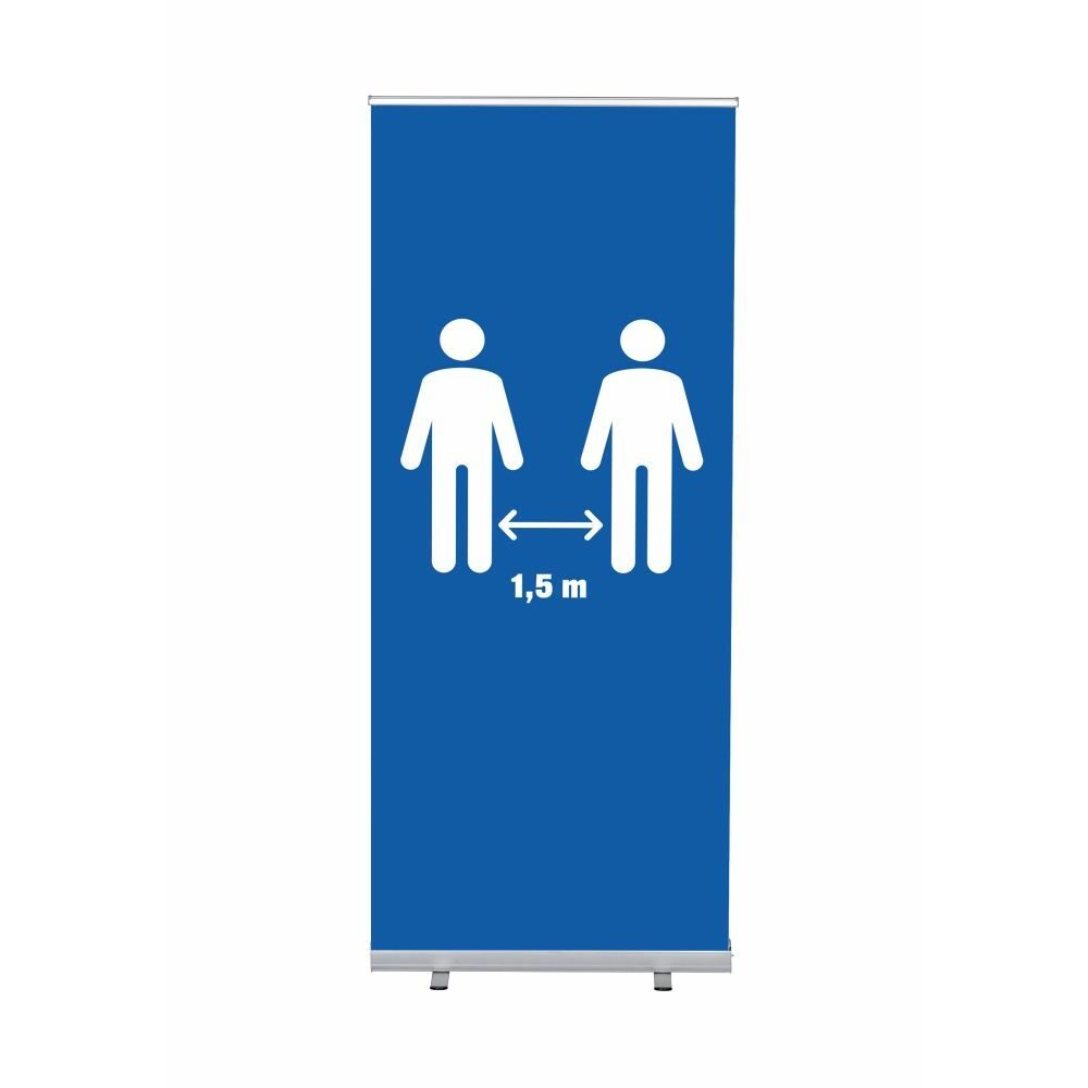 Roll-Banner Budget 85 Komplettset Motiv „1,5 Meter Abstand“ Blau, Showdown Displays
