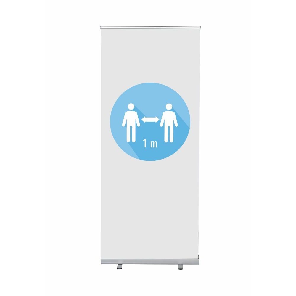 Roll-Banner Budget 85 Komplettset Motiv „1 Meter Abstand“ Weiß, Showdown Displays
