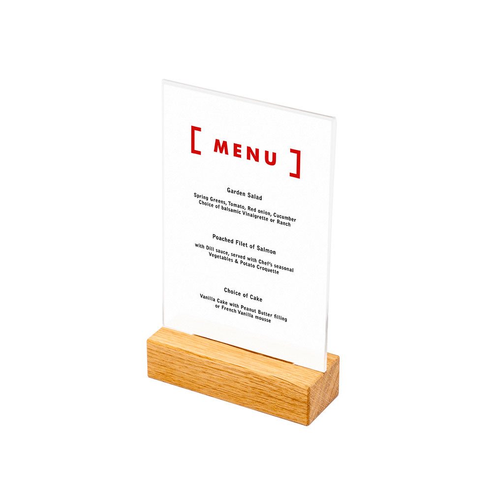 Holz T-Form Menü Tischaufsteller A6 Hochformat, Showdown Displays