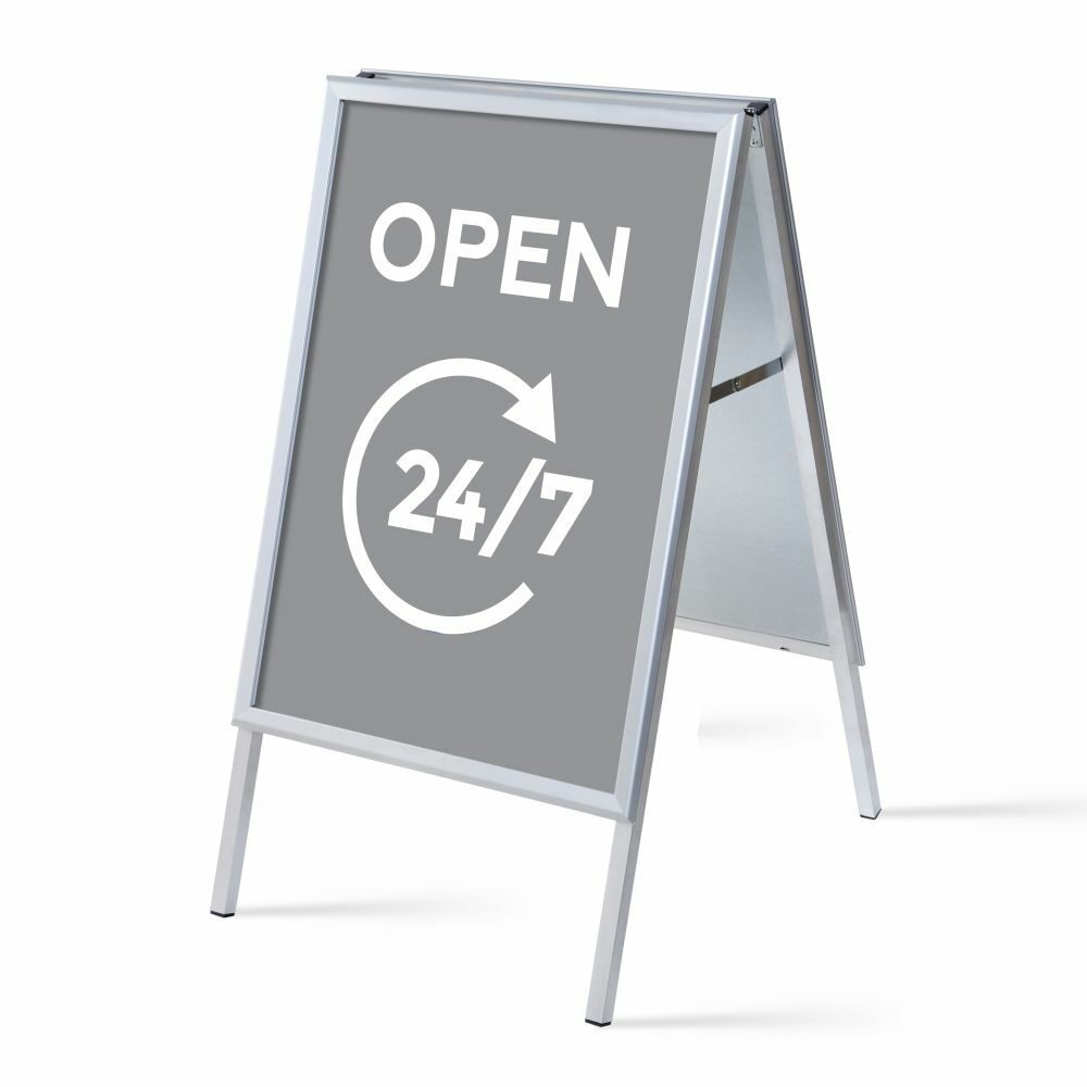 Kundenstopper A1 Komplettset Motiv „Geöffnet 24/7“ Grau Englisch, Showdown Displays