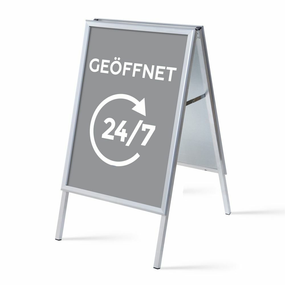 Kundenstopper A1 Komplettset Motiv „Geöffnet 24/7“ Grau Deutsch, Showdown Displays
