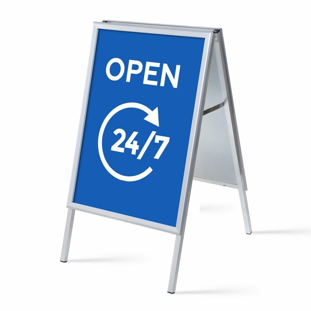 Kundenstopper A1 Komplettset Motiv „Geöffnet 24/7“ Blau Englisch, Showdown Displays