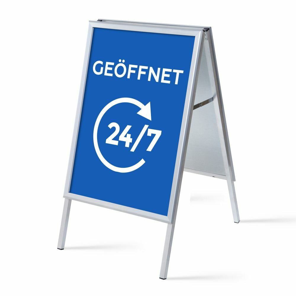 Kundenstopper A1 Komplettset Motiv „Geöffnet 24/7“ Blau Deutsch, Showdown Displays