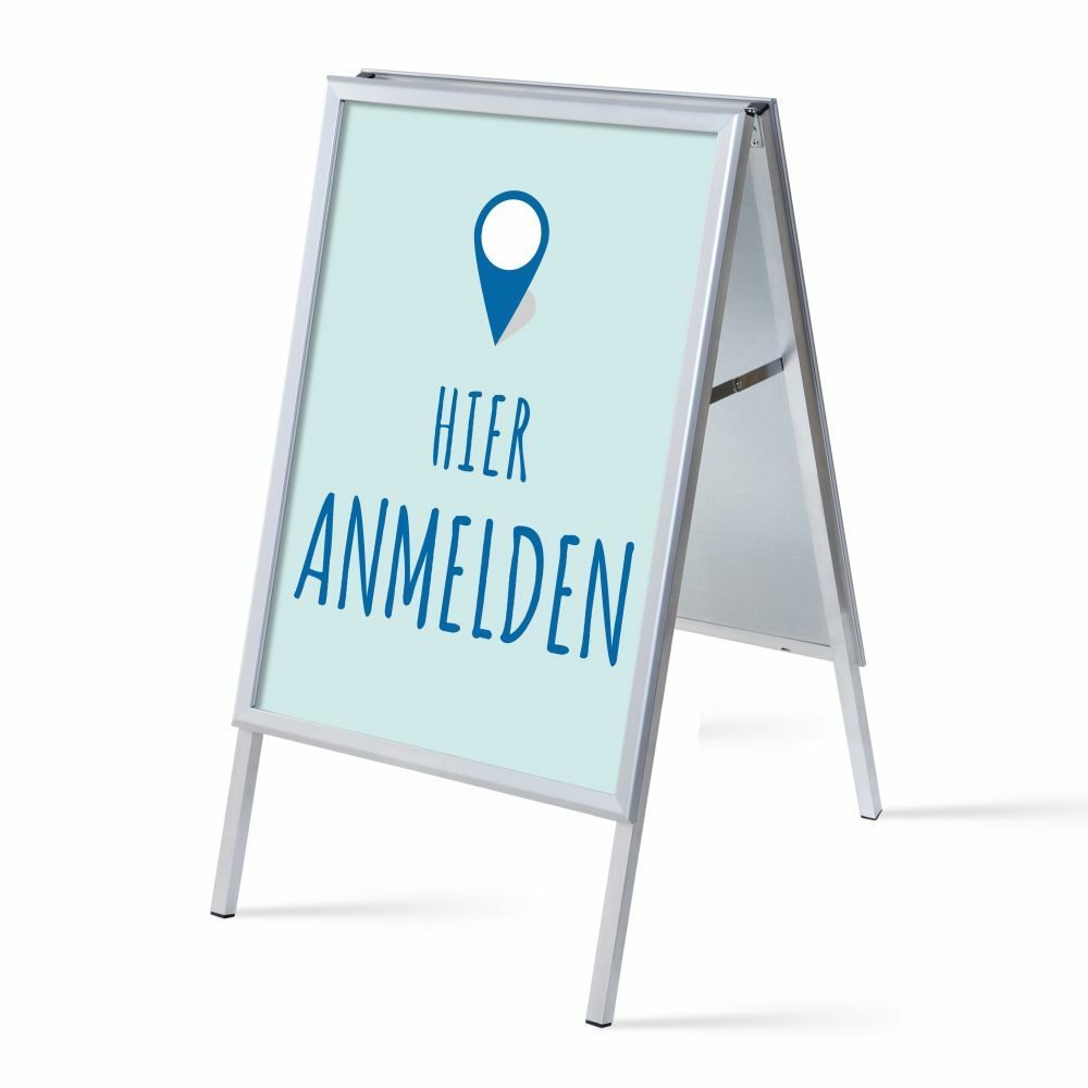 Kundenstopper A1 Komplettset Motiv „Hier Anmelden“ Blau Deutsch, Showdown Displays